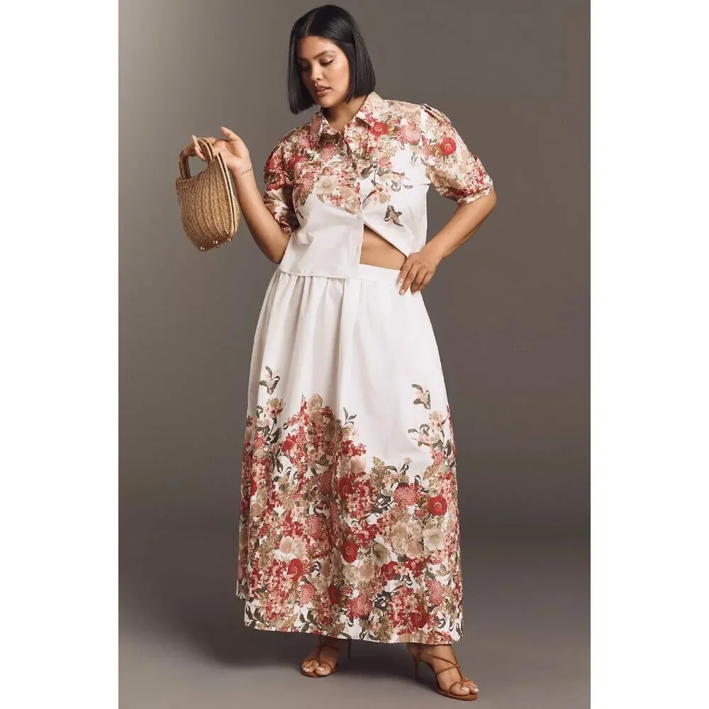 Maeve Pull-On Circle Skirt White Brown Red Floral 3X